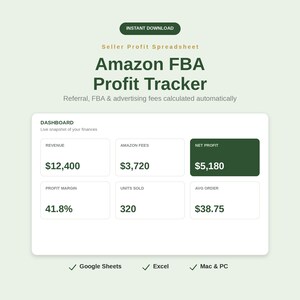 Amazon FBA Profit Tracker Spreadsheet, Seller Bookkeeping and Fee Calculator, Income Expense Tracker, Google Sheets & Excel, Tax Ready