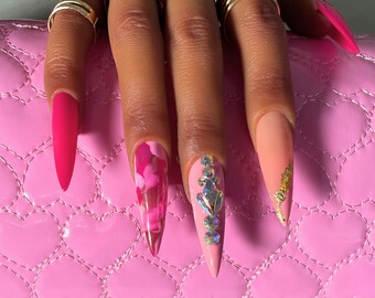 Ongles roses | Marbre | Flocons d'or | Strass | talon aiguille | Fabriqué à la main