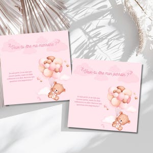Carte parrain-marraine - Ours Rose Ballon - texte français