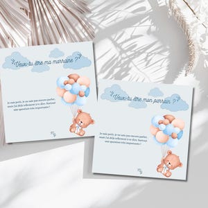 Godfather-Godmother Card - Blue Balloon Bear - French text