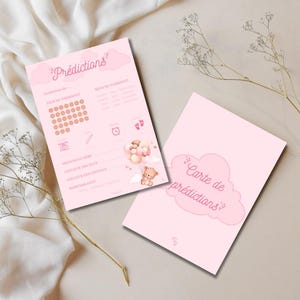 Printable birth prediction card / baby prediction card for baby shower or gender reveal in French - Pink Balloon Bear