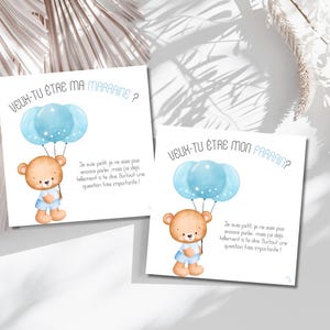 Godfather-Godmother Card - Blue Balloon Bear - French text