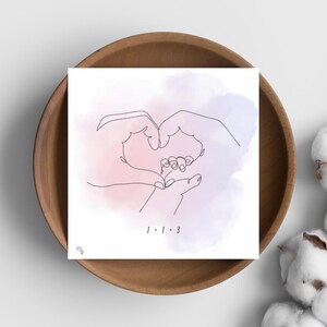 Pregnancy announcement card 1+1 = 3 (hands, thin line, pastel)