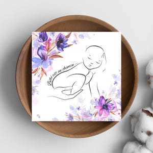 妊娠報告カード「赤ちゃんが生まれます」（花、紫、水彩）
