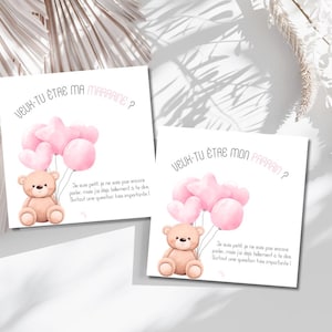 Tarjeta de Padrino y Madrina - Oso Globo Rosa - Texto en francés