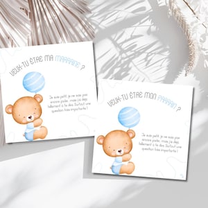 Godfather-Godmother Card - Blue Balloon Bear - French text