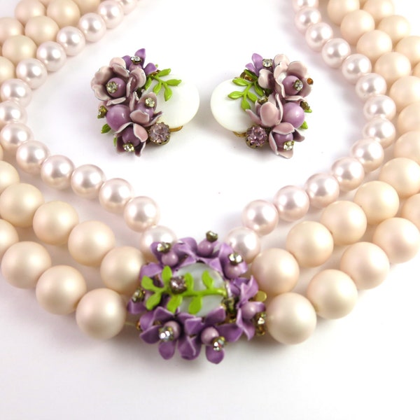 Vintage50s Haskell-ish Faux Pearl Necklace with Rhinestone Flower Cluster Clasp and Earrings