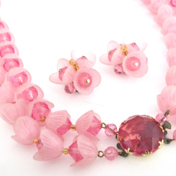 Vintage 50s Western Germany Pink Tulip Flower Cluster Necklace and Earrings