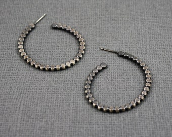 Sterling silver hammered oxidized hoops MEDIUM size.