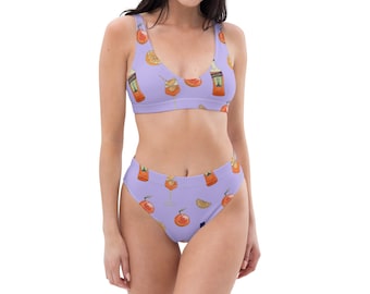 Elegante Kollektion / Fliederfarbener Aperol / All-Over-Print-Bikini aus recyceltem Material mit hoher Taille