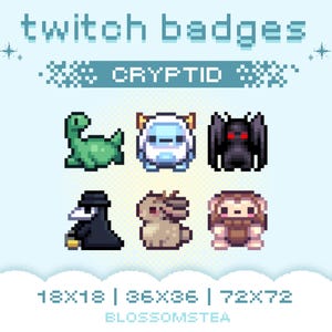 Peut inclure: Badges Twitch en pixel art représentant des cryptides, dont un dinosaure vert, un yéti blanc et une chauve-souris noire aux yeux rouges. L'image montre également un médecin de la peste, une créature beige ressemblant à un cerf et un hérisson brun. Le texte en haut indique "twitch badges" et "CRYPTID".