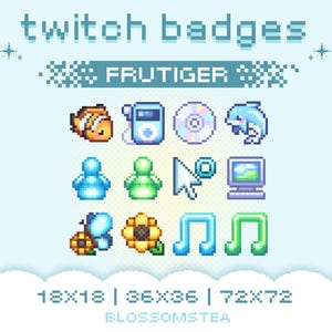 May include: A set of 9 pixel art Twitch badges in various colors and designs, including a clownfish, a music note, a sunflower, a mouse cursor, and a person. The text "FRUTIGER" is at the top of the image. The text "18x18 | 36x36 | 72x72" is at the bottom of the image. The text "BLOSSOMSTEA" is below the numbers.