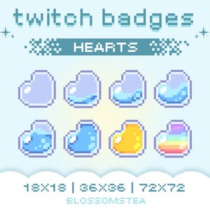 Peut inclure: Graphique numérique avec des badges en forme de cœur pixélisés en différentes étapes. Les badges sont dans des tons de bleu, de jaune et de couleurs arc-en-ciel. Le texte en haut indique "twitch badges" et "HEARTS".