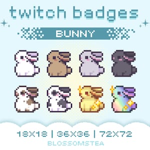 Puede incluir: Conjunto de ocho insignias de Twitch de conejo de arte de píxeles en varios colores, incluidos blanco, marrón, gris, negro, manchado, amarillo y arcoíris. Las insignias están disponibles en tres tamaños: 18x18, 36x36 y 72x72. El texto "BUNNY" se muestra encima de las insignias.