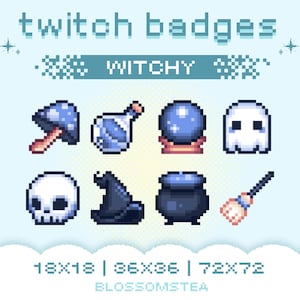 Könnte beinhalten: Ein Satz von acht Twitch-Badges im Pixel-Art-Stil mit einem Hexen-Thema. Die Badges beinhalten einen Pilz, eine Zaubertrankflasche, eine Kristallkugel, ein Gespenst, einen Schädel, einen Hexenhut, einen Kessel und einen Besen. Die Badges sind in verschiedenen Größen, darunter 18x18, 36x36 und 72x72 Pixel. Der Text "Witchy" wird über den Badges angezeigt.