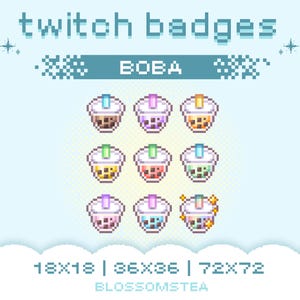 x9 Boba Sub Badges | Bubble Tea Pixel Bit Badges | Kawaii Streaming Assets for Twitch