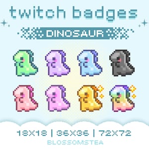Pode incluir: Uma coleção de oito emblemas de dinossauros em pixel art em várias cores, incluindo verde, roxo, azul e rosa. O texto "twitch badges" e "Dinosaur" são exibidos no topo. Os tamanhos 18x18, 36x36 e 72x72 são mostrados na parte inferior.