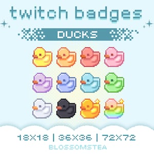 Könnte beinhalten: Pixel-Art-Entwürfe von Enten-Badges in verschiedenen Farben: Gelb, Orange, Rosa, Lila, Blau, Grün, Weiß, Schwarz, Gold und Regenbogen. Der Text "twitch badges" und "DUCKS" ist oben zu sehen. Die Größen sind 18x18, 36x36 und 72x72.