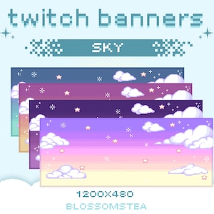 Pode incluir: Banners Twitch em pixel art com tema de céu. Os banners apresentam gradientes de azul, roxo e rosa, com nuvens brancas e estrelas. O texto "twitch banners" e "SKY" está no topo. Dimensões 1200x480 pixels.