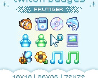 May include: A set of twelve pixel art Twitch badges titled FRUTIGER and BLOSSOMSTEA. The icons include a clownfish, music player, CD, dolphin, blue and green figures, cursor, computer, butterfly, sunflower, and two musical notes in blue and green.