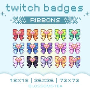 Op de afbeelding: Een lichtblauwe afbeelding met de tekst "twitch badges" en "RIBBONS". De afbeelding toont een raster van gepixelde strikken in verschillende kleuren, elk met een hart in het midden. De formaten 18x18, 36x36 en 72x72 staan vermeld.