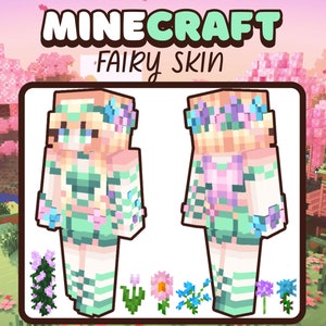 Pode incluir: Skin de Fada Minecraft, uma skin de personagem digital para o popular jogo Minecraft. A skin apresenta uma personagem feminina com cabelo loiro, uma coroa de flores e um vestido verde e rosa com detalhes florais.