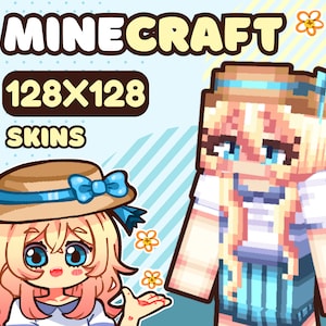 Pode incluir: Dois skins do Minecraft, um com um vestido listrado azul e branco e um chapéu marrom com uma fita azul, e o outro com um vestido listrado azul e branco e um chapéu marrom com uma fita azul. O texto "MINECRAFT 128x128 SKINS" está no topo da imagem.