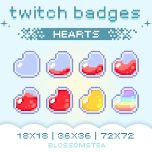 Peut inclure: Graphique numérique de badges Twitch en forme de cœur pixélisés. Les badges sont remplis de liquide rouge à différents niveaux, avec un jaune et un arc-en-ciel. Le texte comprend "twitch badges" et "HEARTS".