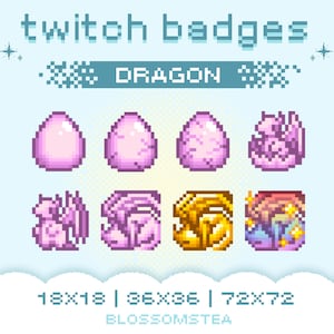 Op de afbeelding: Een set van acht Twitch-badges in pixel art met een roze draak in verschillende stadia van ontwikkeling, waaronder een ei, een uitkomende draak en een volwassen draak. De badges zijn verkrijgbaar in drie maten: 18x18, 36x36 en 72x72 pixels. De tekst "DRAGON" wordt boven de badges weergegeven.