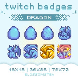 Op de afbeelding: Een set Twitch-badges met een blauwe draak in verschillende stadia van ontwikkeling, van ei tot volwassene. De badges zijn in pixel art-stijl en zijn verkrijgbaar in drie maten: 18x18, 36x36 en 72x72. De tekst "DRAGON" wordt boven de badges weergegeven.