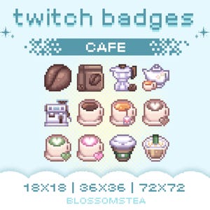 x12 Cafe Sub Badges | Coffee Shop Pixel Bit Badges | Cute Streaming Assets for Twitch