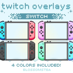 May include: Pixel art illustration of four Nintendo Switch consoles in various colors: blue, pink, purple, black, and green. The text "twitch overlays" and "SWITCH" are displayed at the top. The text "4 COLORS INCLUDED!" is at the bottom.