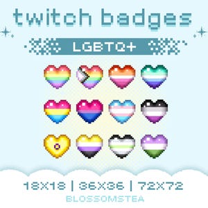 May include: A set of 10 pixel art heart-shaped Twitch badges featuring LGBTQ+ pride flags in various colors. The badges are available in three sizes: 18x18, 36x36, and 72x72 pixels.