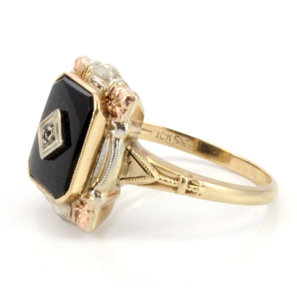 10K Vintage Retro Onyx und Diamantring Two Tone