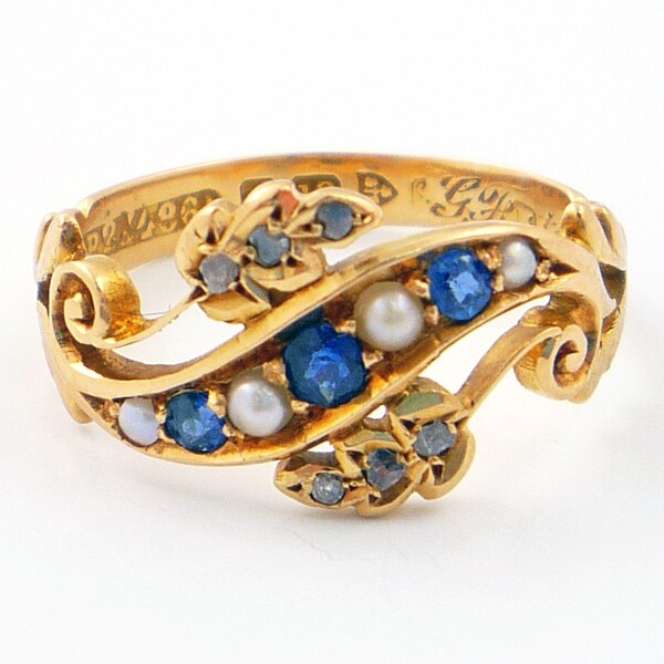 18K Antique Victorian English Blue Sapphire Seed Pearl and Diamond Ring