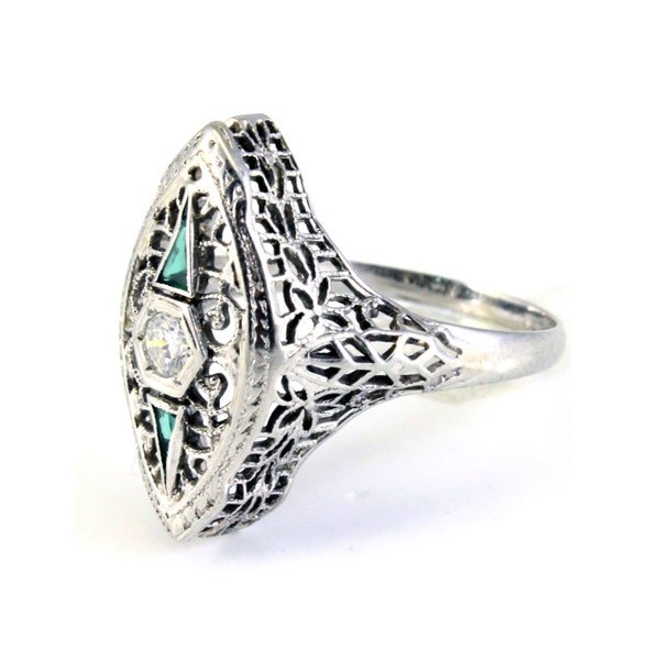 18K Antique Art Deco Diamond Emerald Filigree Navette Ring