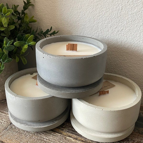 Tulip Shape Concrete Container Candle - Wood Wick - Coconut Wax - Cinnamon Spice Vanilla