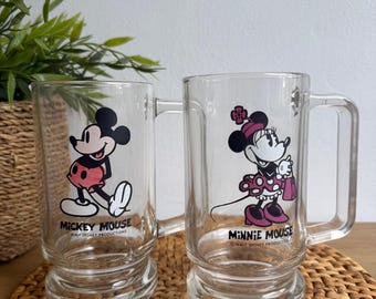 Disney Clear Glass Stein Mugs 70s Vintage Classic Cartoon Mickey and Minnie