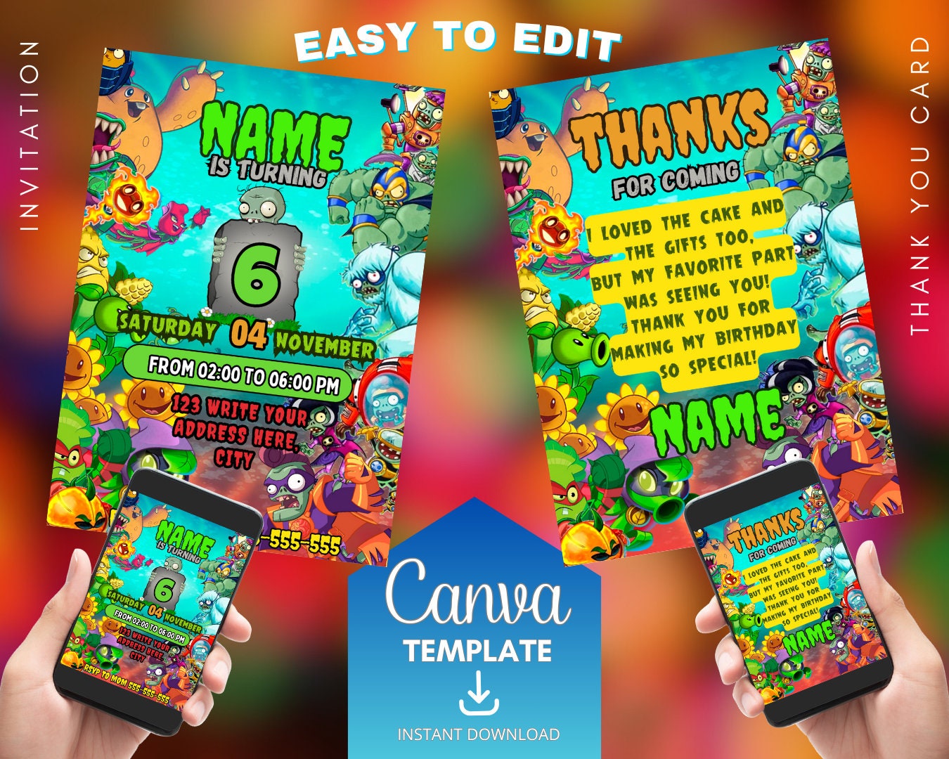 Plants Vs Zombies Birthday Invitation | Kids Birthday Invite | Instant ...