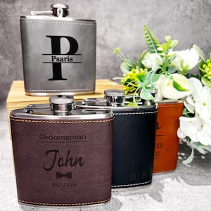 Custom Engraved Leather Flask: Groomsmen Gift, 6oz Hip Flask