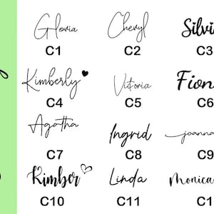 May include: A design layout featuring twelve names in elegant cursive script, each with a corresponding code. The names include Gloria, Cheryl, Silvia, Kimberly, Victoria, Fiona, Agatha, Ingrid, Joanna, Kimber, Linda, and Monica.