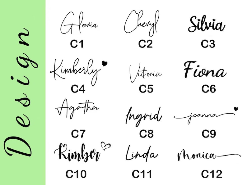 May include: A design layout featuring twelve names in elegant cursive script, each with a corresponding code. The names include Gloria, Cheryl, Silvia, Kimberly, Victoria, Fiona, Agatha, Ingrid, Joanna, Kimber, Linda, and Monica.