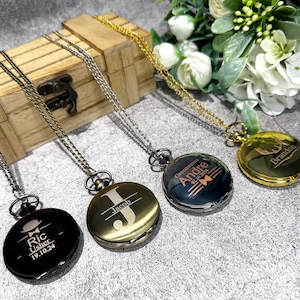 May include: Four gold and silver pocket watches with chains. Each watch has a different inscription: "Ric Usher 19.10.24", "Jacob", "Groomman Andre 02.10.2024", and "Brandon".