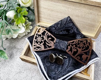 Personalized Walnut Bow Tie & Cufflinks Set: Groomsmen Gift, Men's cufflink box, Wooden box men's cufflinks wedding gift