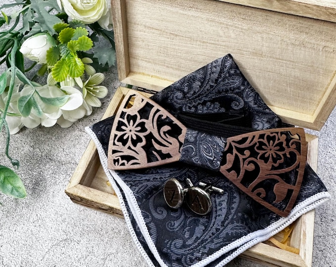 Personalized Walnut Bow Tie & Cufflinks Set: Groomsmen Gift, Men's cufflink box, Wooden box men's cufflinks wedding gift
