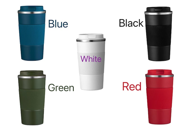 May include: Five travel mugs in different colors: blue, white, black, green, and red. Each mug has a stainless steel lid and a textured body.