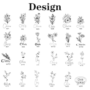 May include: A collection of 24 floral design options, each with the name "Chris" and a corresponding number. The designs are in black and white, featuring various flower and plant illustrations, perfect for crafting or personalization.