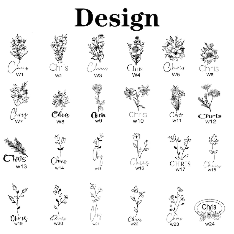 May include: A collection of 24 floral design options, each with the name "Chris" and a corresponding number. The designs are in black and white, featuring various flower and plant illustrations, perfect for crafting or personalization.