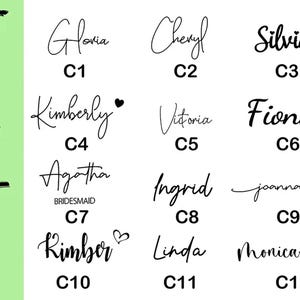 May include: A chart of 12 different fonts, each with a name and a letter designation. The fonts are all cursive and are written in black ink on a white background.