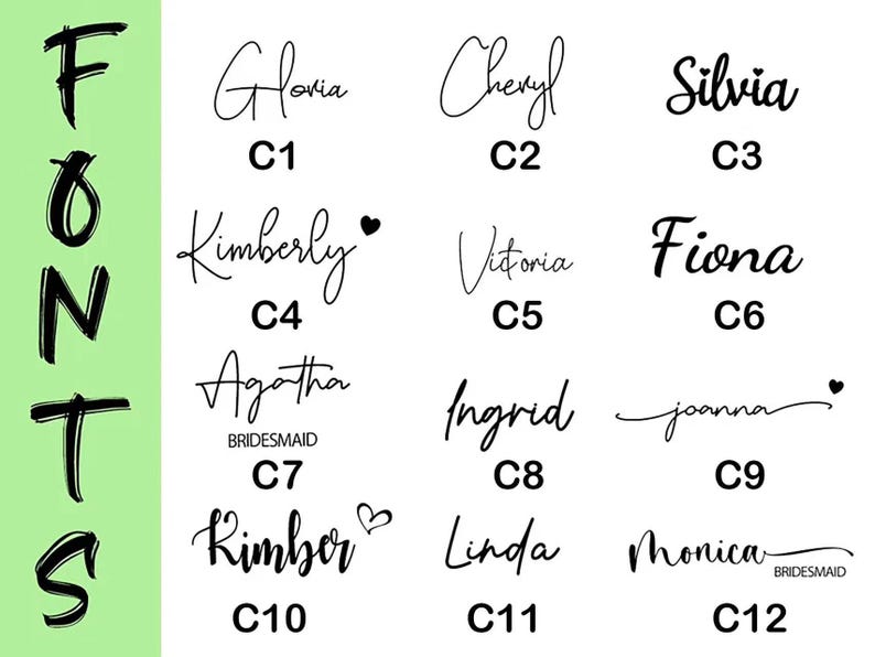 May include: A chart of 12 different fonts, each with a name and a letter designation. The fonts are all cursive and are written in black ink on a white background.